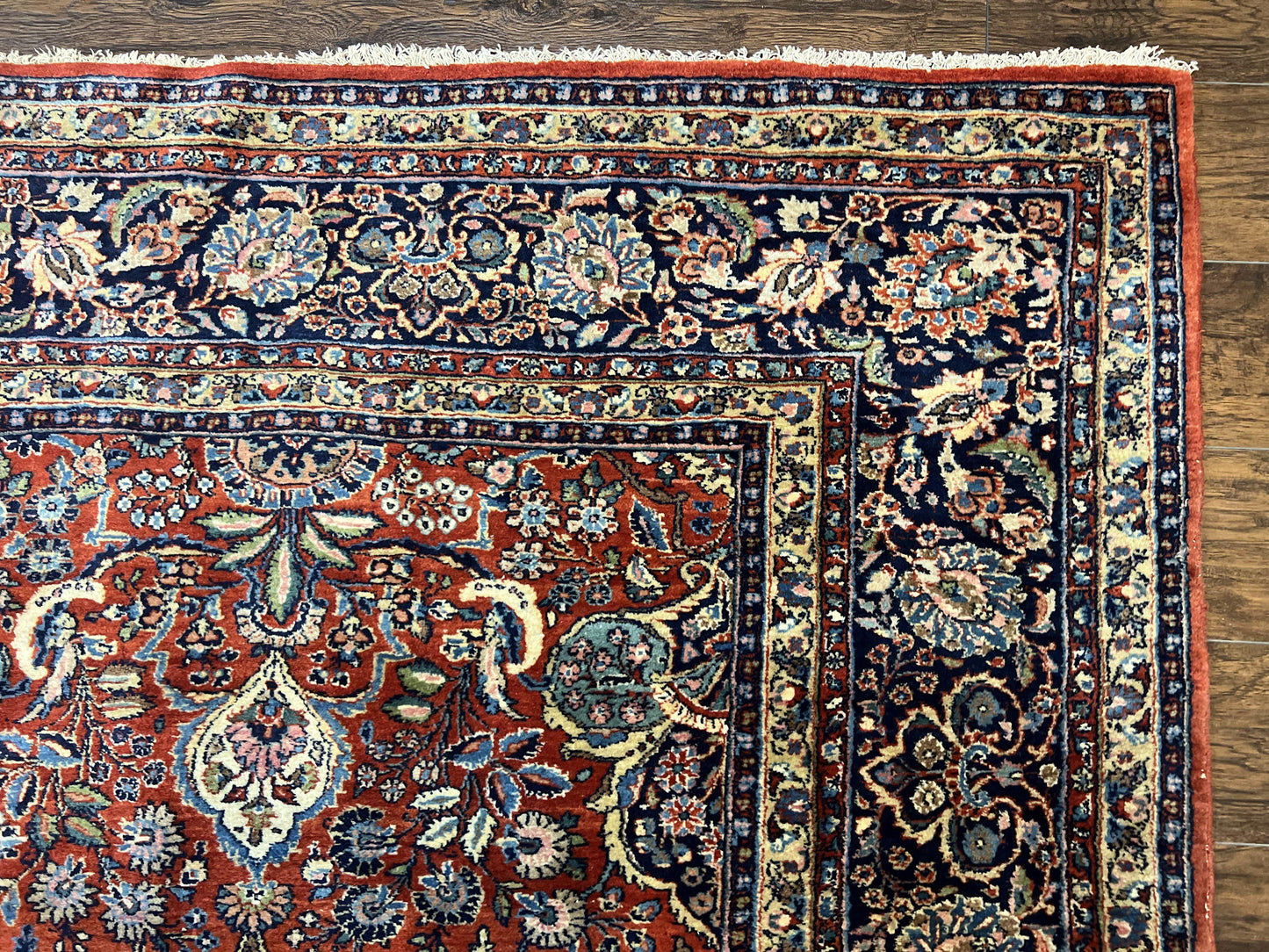 Persian Sarouk Rug 9x12, Red and Dark Blue Floral Allover Antique Persian Carpet, Handmade Wool Qazvin Rug - Nuvé