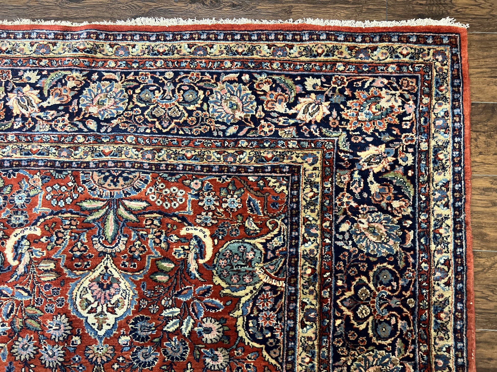Persian Sarouk Rug 9x12, Red and Dark Blue Floral Allover Antique Persian Carpet, Handmade Wool Qazvin Rug - Nuvé