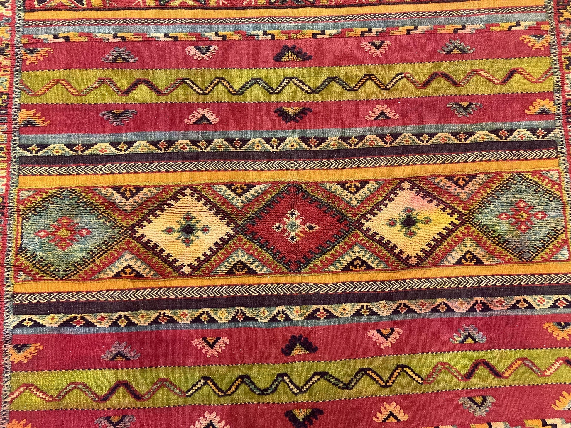 Unique Moroccan Rug 7x10, Room Sized Carpet, Red Orange Gray, Wool Oriental Striped Geometric Tribal Boho Rug, Flatweave with Raised Pile - Nuvé