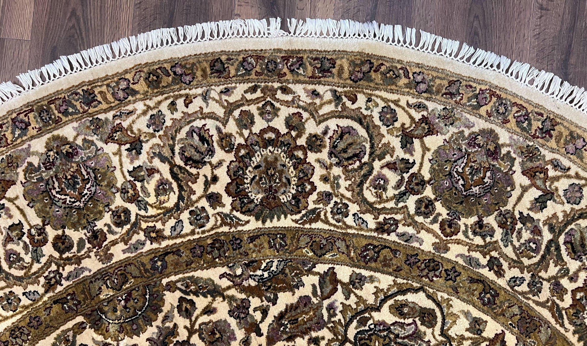 Round Indo Persian Rug 8x8 ft, Large Hand Knotted Vintage Wool Circular Carpet, 8ft Round Oriental Rug, Floral Medallion, Cream and Green - Nuvé