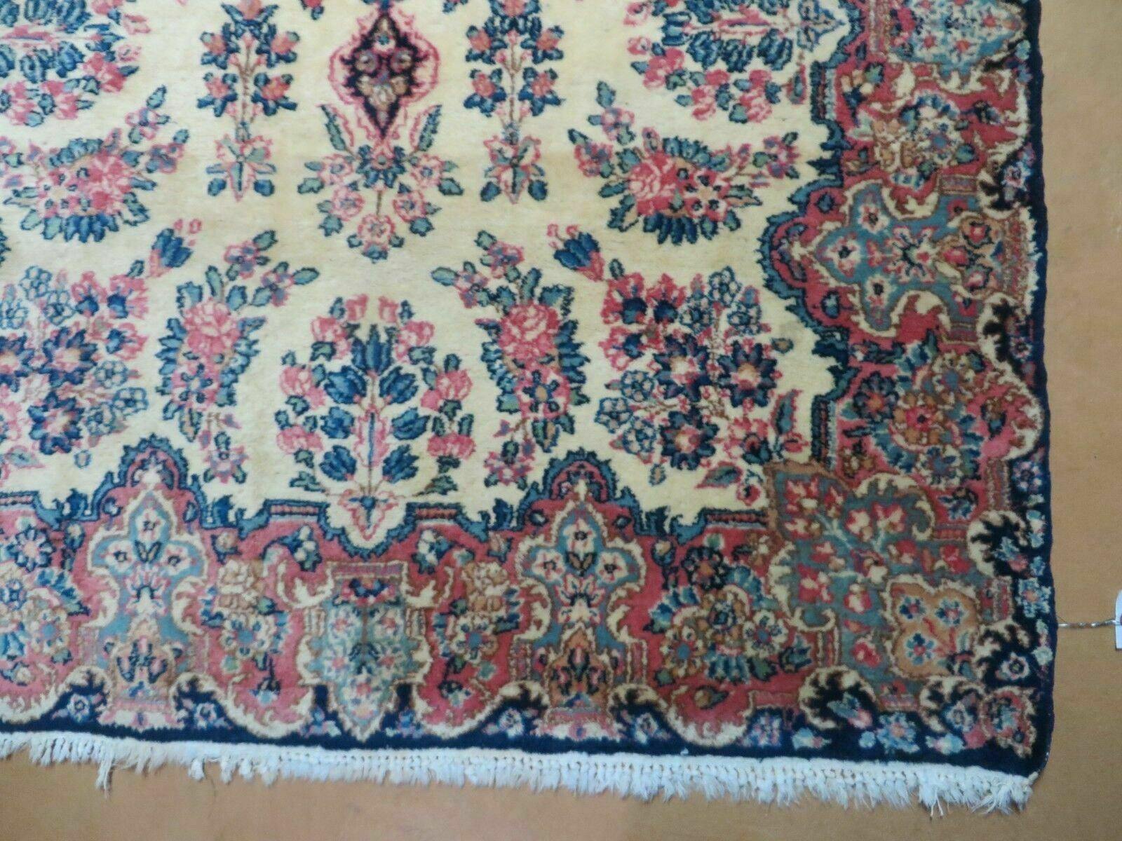 Antique Persian Kirman Rug 3.9 x 6.6, Floral Oriental Carpet, Ivory/Cream - Blue - Pink, Hand Knotted Wool Rug, Floral Medallion Rug 4x6 - Nuvé