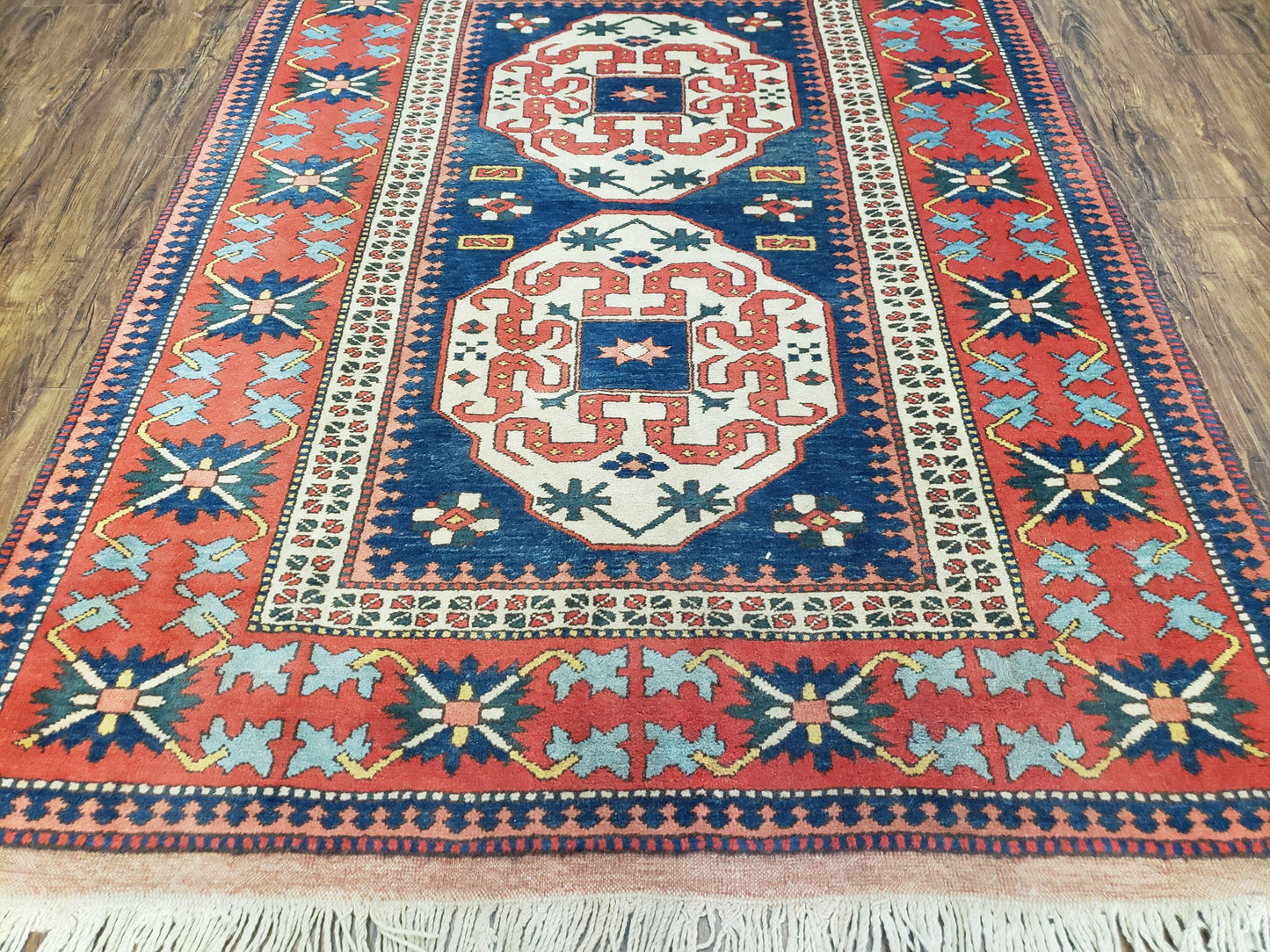 Turkish Kazak Rug 5x6 Vintage Handmade Wool Carpet Geometric Blue Red - Nuvé