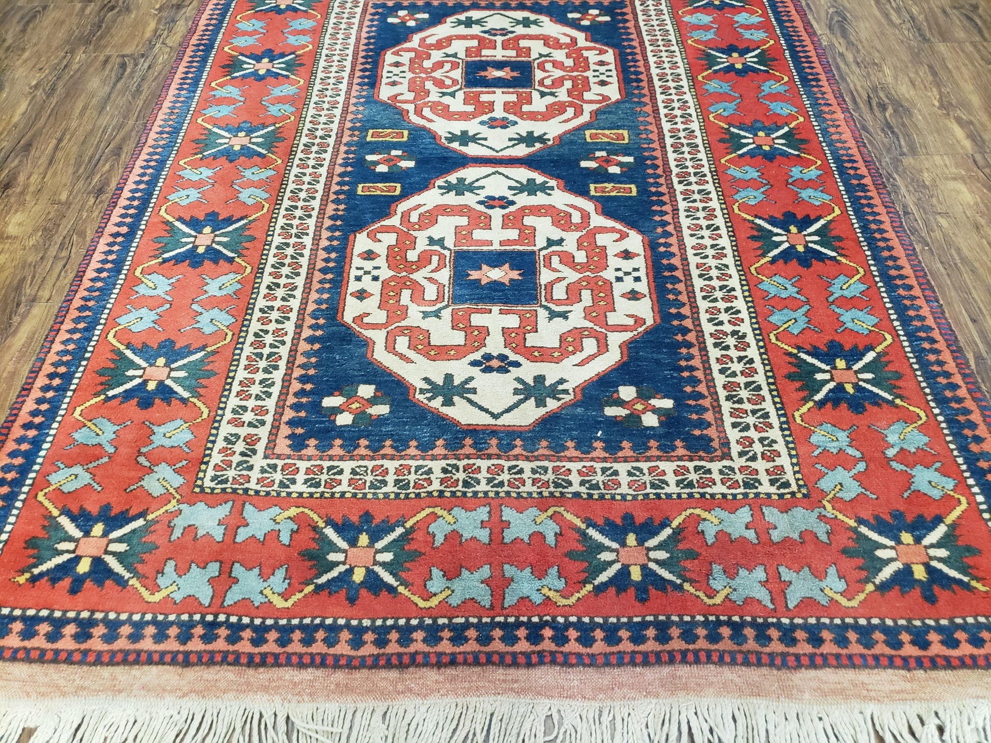 Turkish Kazak Rug 5x6 Vintage Handmade Wool Carpet Geometric Blue Red - Nuvé