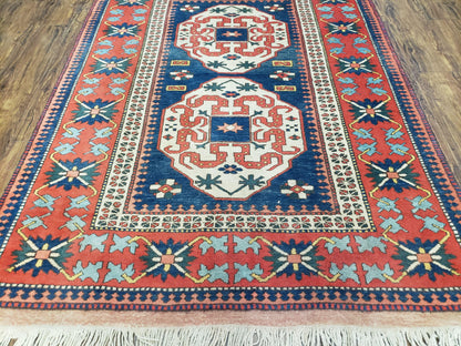 Turkish Kazak Rug 5x6 Vintage Handmade Wool Carpet Geometric Blue Red - Nuvé