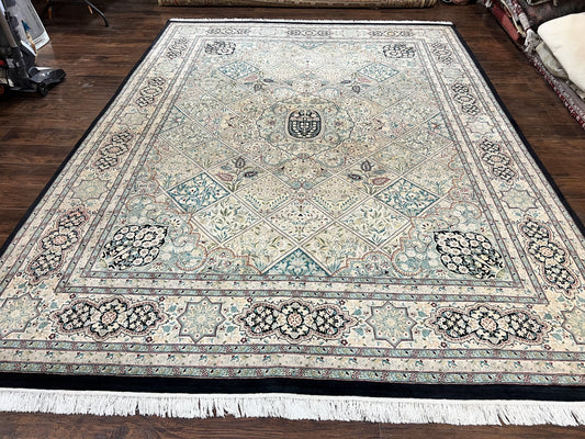 Pak Persian Kirman Rug 9x12, Panel Design Oriental Carpet 9 x 12 ft, Wool Hand Knotted Handmade Traditional Room Sized Vintage Rug, Green - Nuvé
