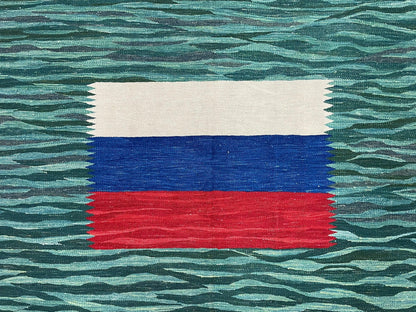 Sea Green Kilim Area Rug, White Blue Red Stripes, Russian Flag Rug, Flatweave Hand Knotted Carpet, Turkish Carpet, Wool, New, 5' 6" x 7' 10" - Nuvé
