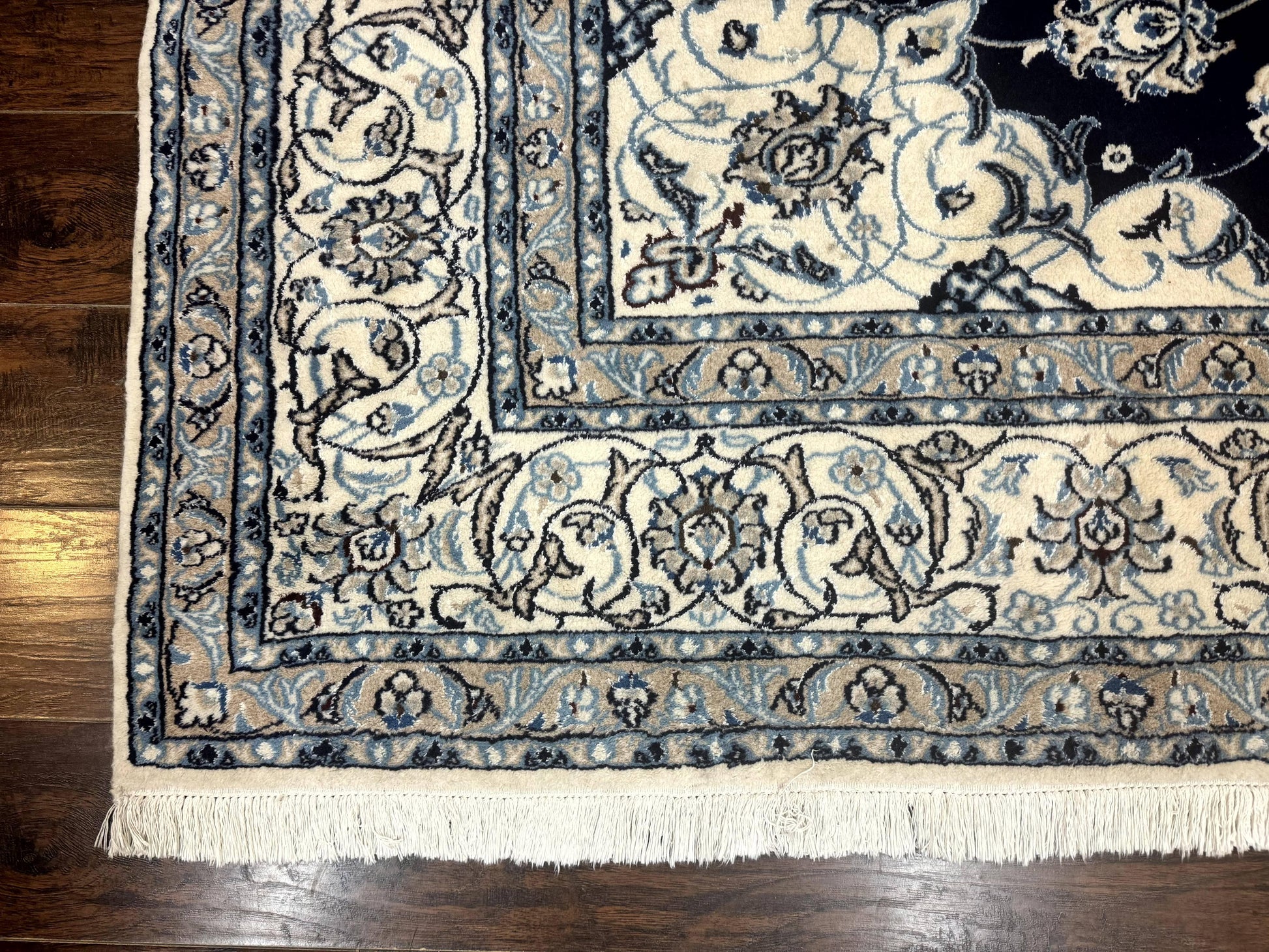 Persian Nain Rug 8x11, Navy Blue and Ivory, Handmade Wool Vintage Carpet, Floral Medallion - Nuvé