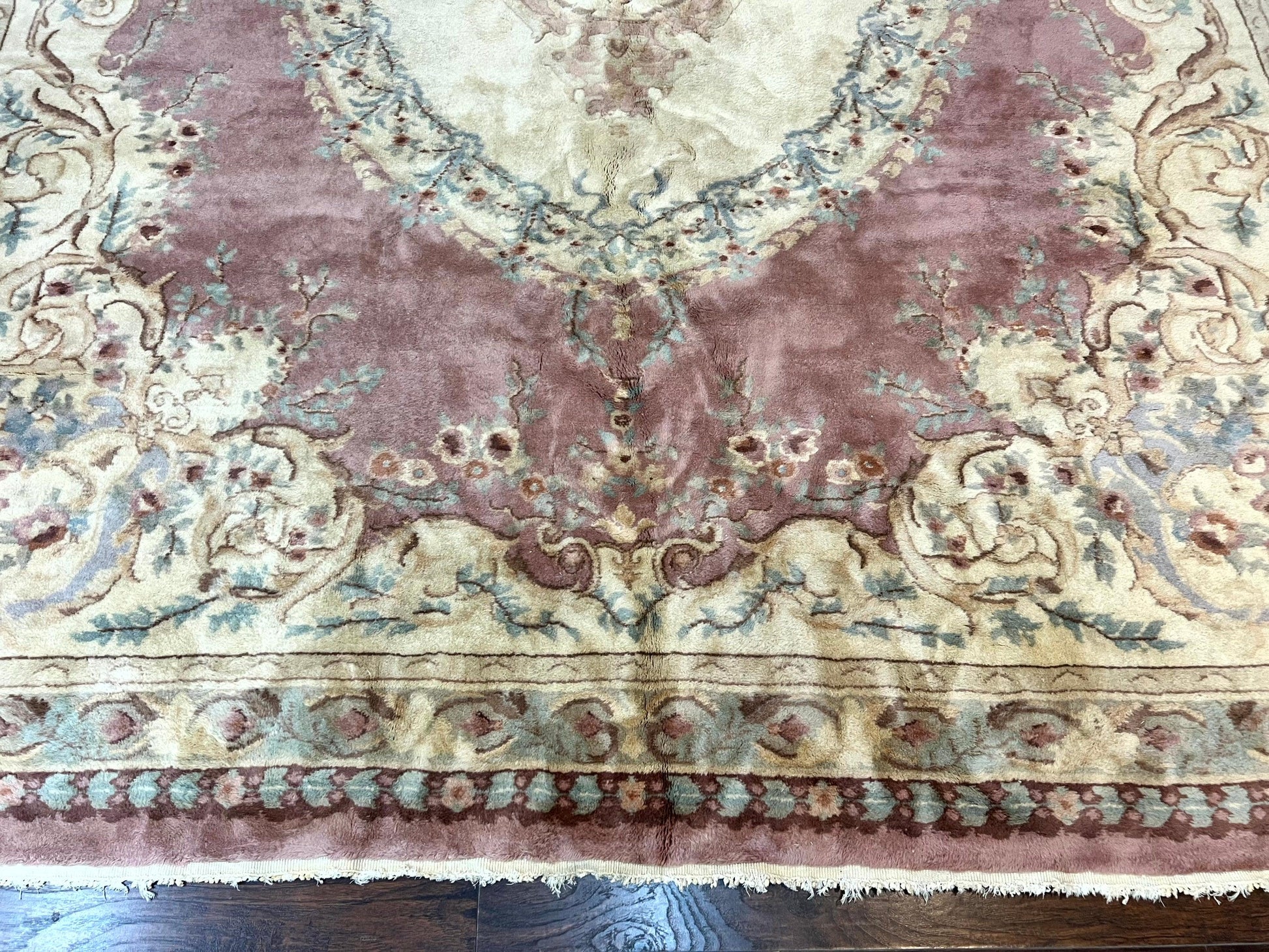 Indo Chinese Aubusson Wool Rug 10x14, Pink and Cream, Handmade Vintage Wool Carpet, Elegant European Design - Nuvé