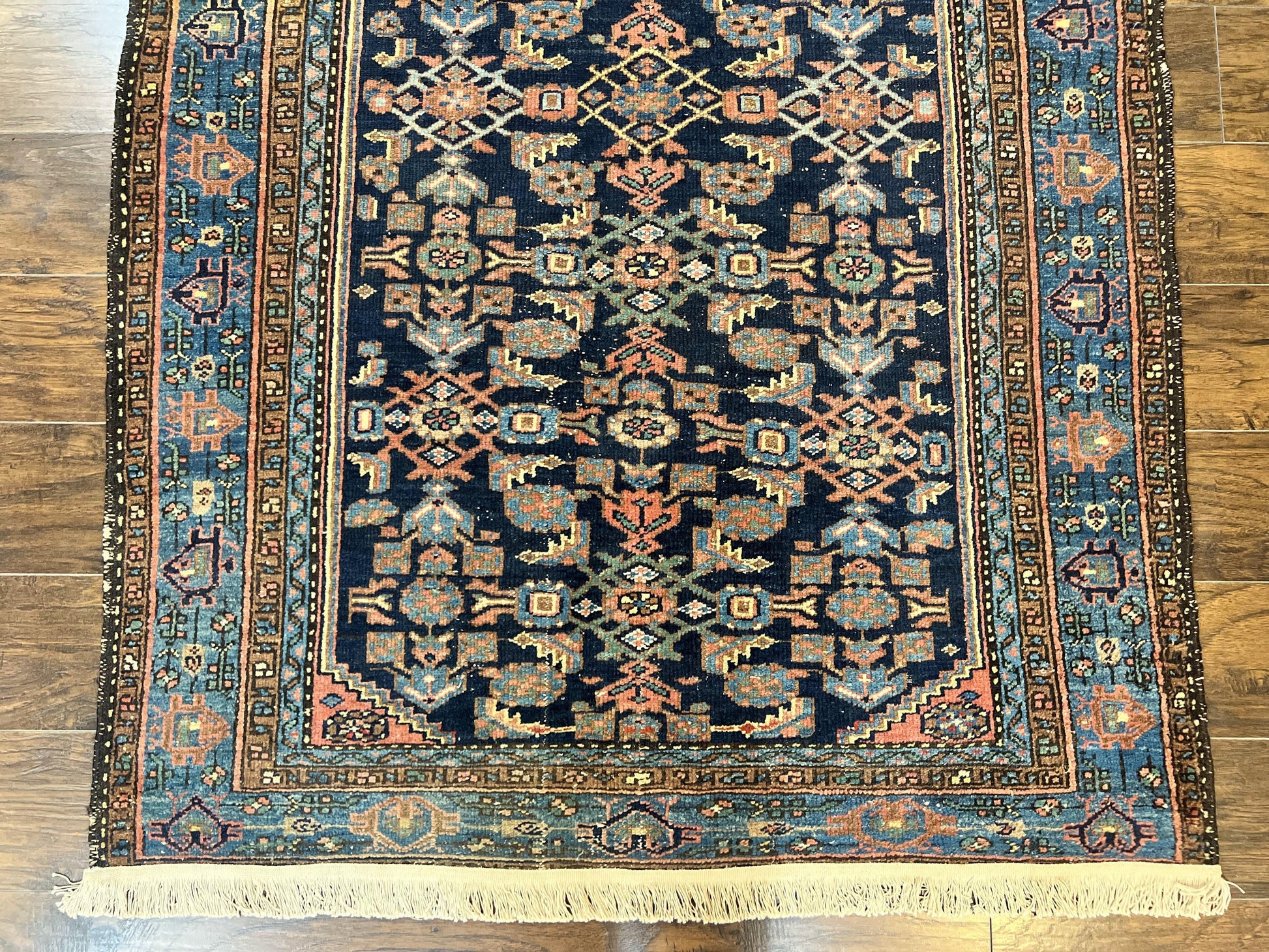 Antique Persian Tribal Rug 5x7, Navy Blue & Pink, Hand Knotted Handmade 1920s Wool Rug, Allover Pattern, Persian Hamadan Rug - Nuvé