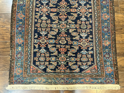 Antique Persian Tribal Rug 5x7, Navy Blue & Pink, Hand Knotted Handmade 1920s Wool Rug, Allover Pattern, Persian Hamadan Rug - Nuvé