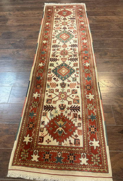 Turkish Runner Rug 2.4 x 8, Kazak Geometric Heriz Pattern, Beige Red - Nuvé
