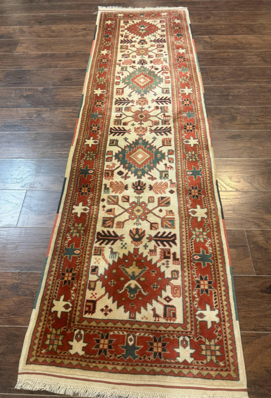 Turkish Runner Rug 2.4 x 8, Kazak Geometric Heriz Pattern, Beige Red - Nuvé