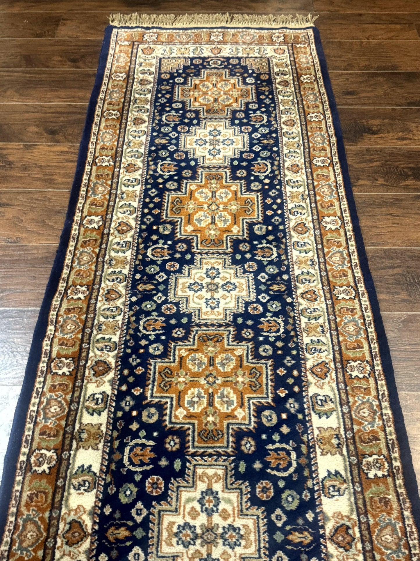Indo Persian Runner Rug 2.6 x 12.7, Indian Kashmiri Runner for Hallway or Kitchen, Navy Blue, Geometric Medallions, Handmade Wool - Nuvé