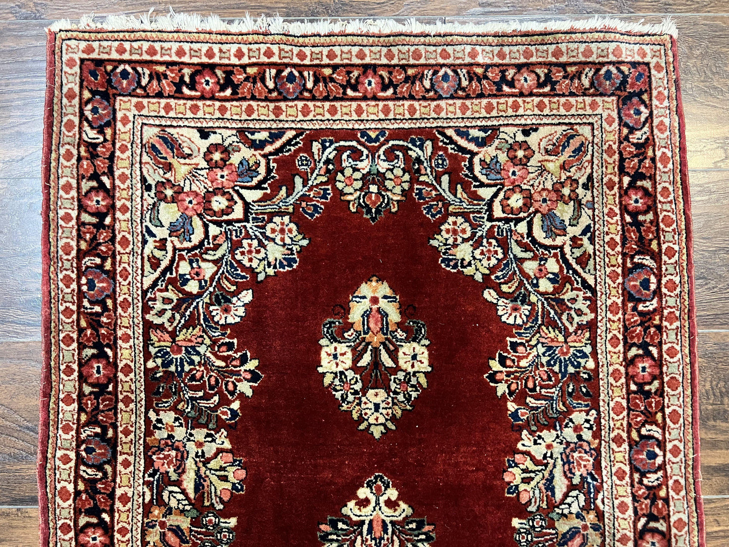 Persian Sarouk Runner Rug 2.7 x 6, Semi Open Field, Red, Handmade Hand Knotted, Wool Oriental Carpet, Vintage Semi Antique - Nuvé