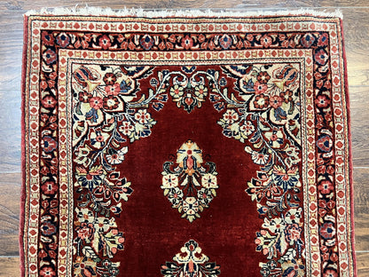 Persian Sarouk Runner Rug 2.7 x 6, Semi Open Field, Red, Handmade Hand Knotted, Wool Oriental Carpet, Vintage Semi Antique - Nuvé