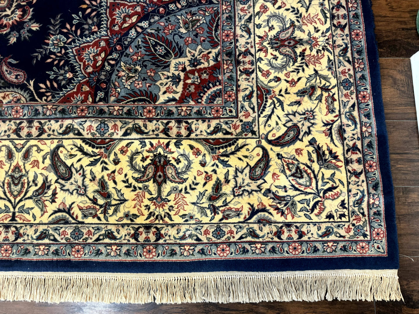 Sino Persian Kerman Rug 10x14, Blue and Beige, Floral Medallion, Fine 240 KPSI - Nuvé