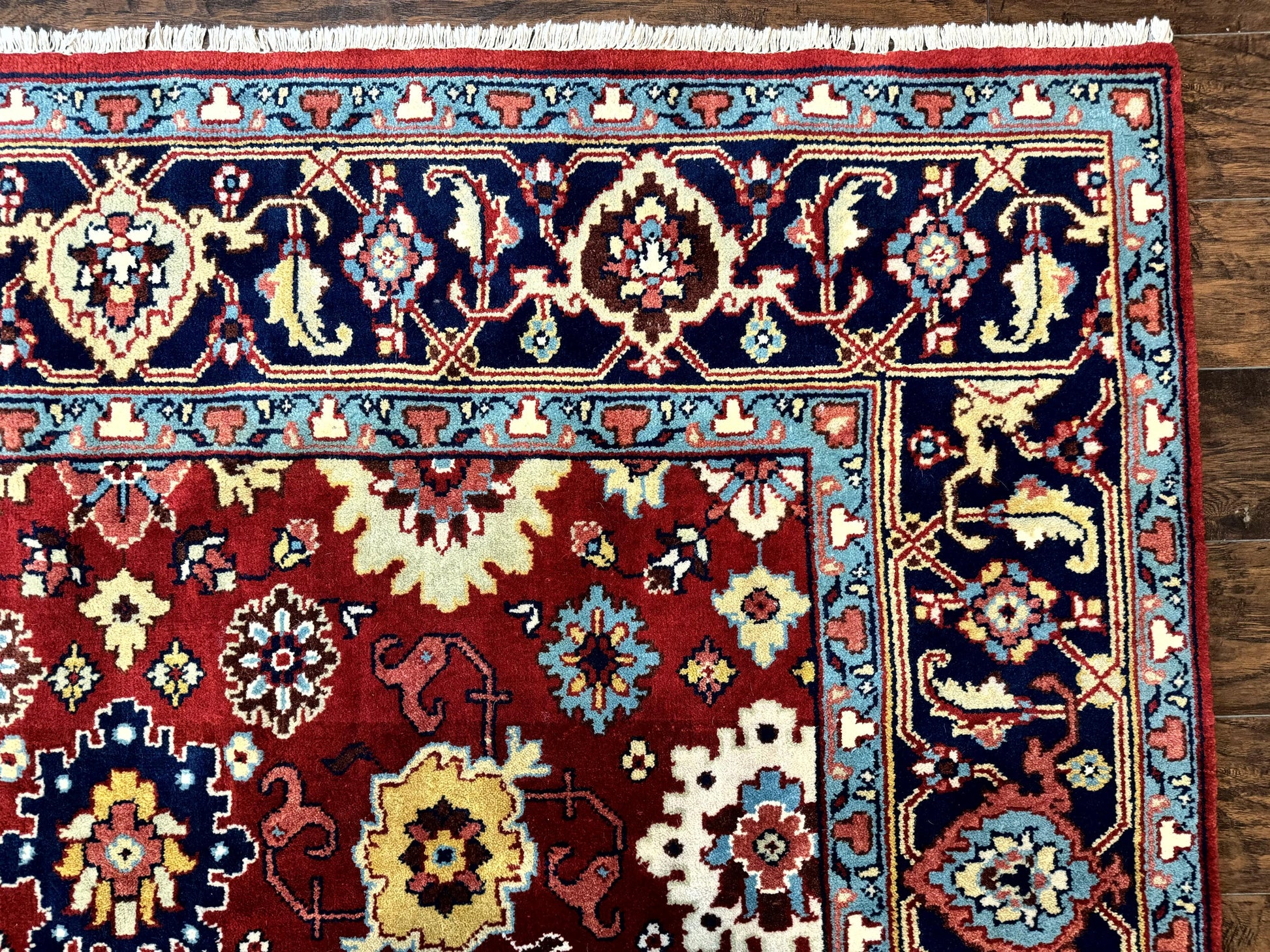 Indo Heriz Rug 8x10, Red and Navy Blue, Allover Pattern, Wool Handmade Carpet - Nuvé