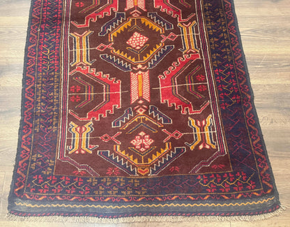Afghan Rug 3x7, Maroon and Navy Blue, Balouch Carpet, Tribal Rug, New