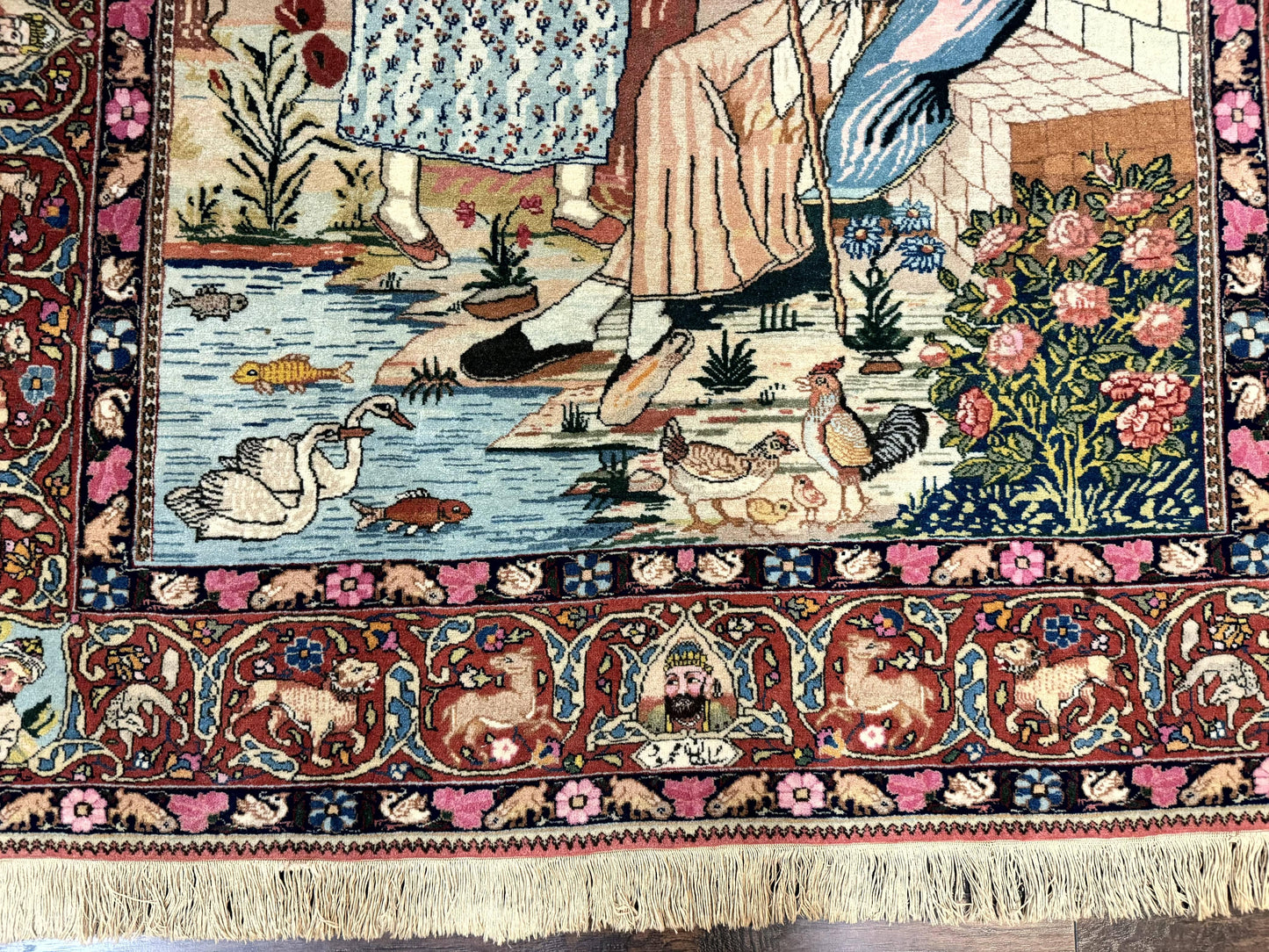 Wonderful Persian Kashan Pictorial Rug 4.7 x 6.5, Persian Rug for Wall Hanging, Handmade Antique Wool Carpet Animal Motifs Poetry Lovers, 240 KPSI - Nuvé