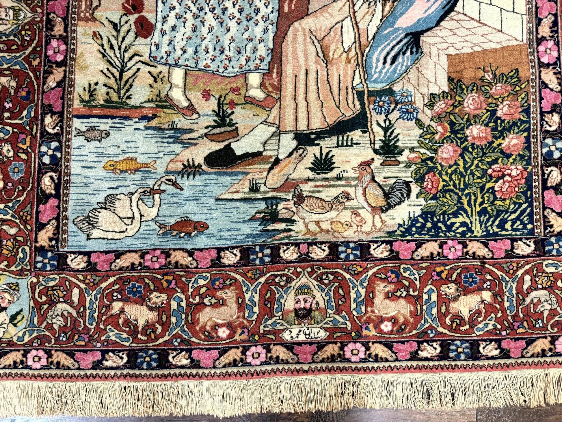 Wonderful Persian Kashan Pictorial Rug 4.7 x 6.5, Persian Rug for Wall Hanging, Handmade Antique Wool Carpet Animal Motifs Poetry Lovers, 240 KPSI - Nuvé