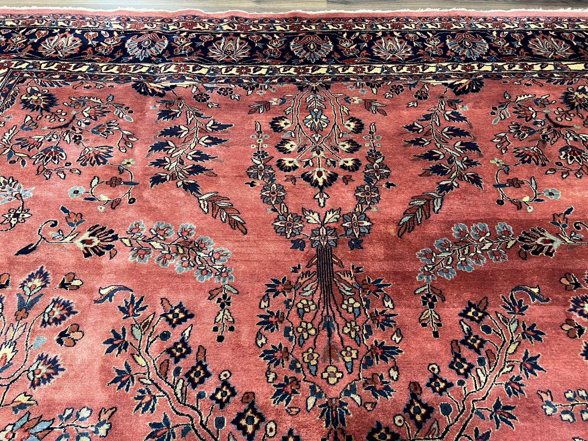 Indo Sarouk Rug 10x14, Vintage Indian Persian Area Rug 10 x 14, Wool Hand-Knotted Oriental Carpet, Red Floral Allover Large Rug, Beautiful - Nuvé