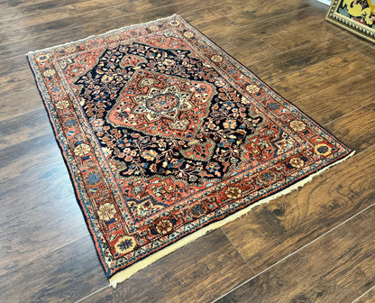 Persian Sarouk Rug 3.6 x 5, Medallion Rug, Red and Midnight Blue, Handmade Semi Antique Vintage Wool Carpet - Nuvé