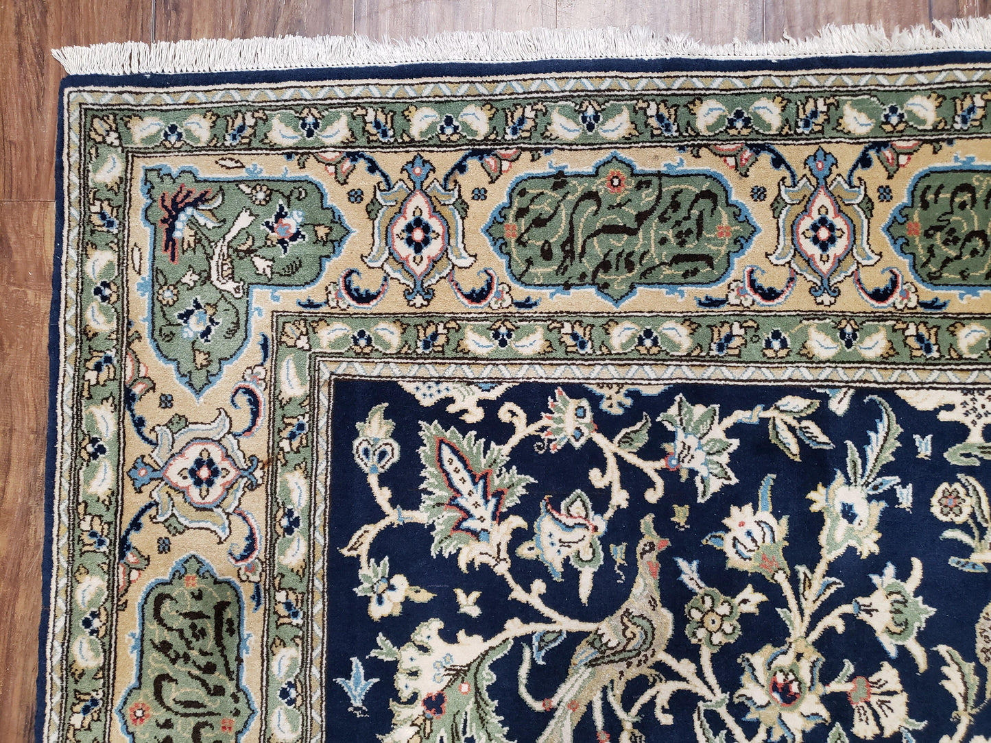 Semi Antique Persian Qum Tree of Life Rug, Hand-Knotted, Wool, Midnight Blue and Tan, Animal Pictorials, Written Poem in Borders, 4' 8" x 7' 8" - Nuvé