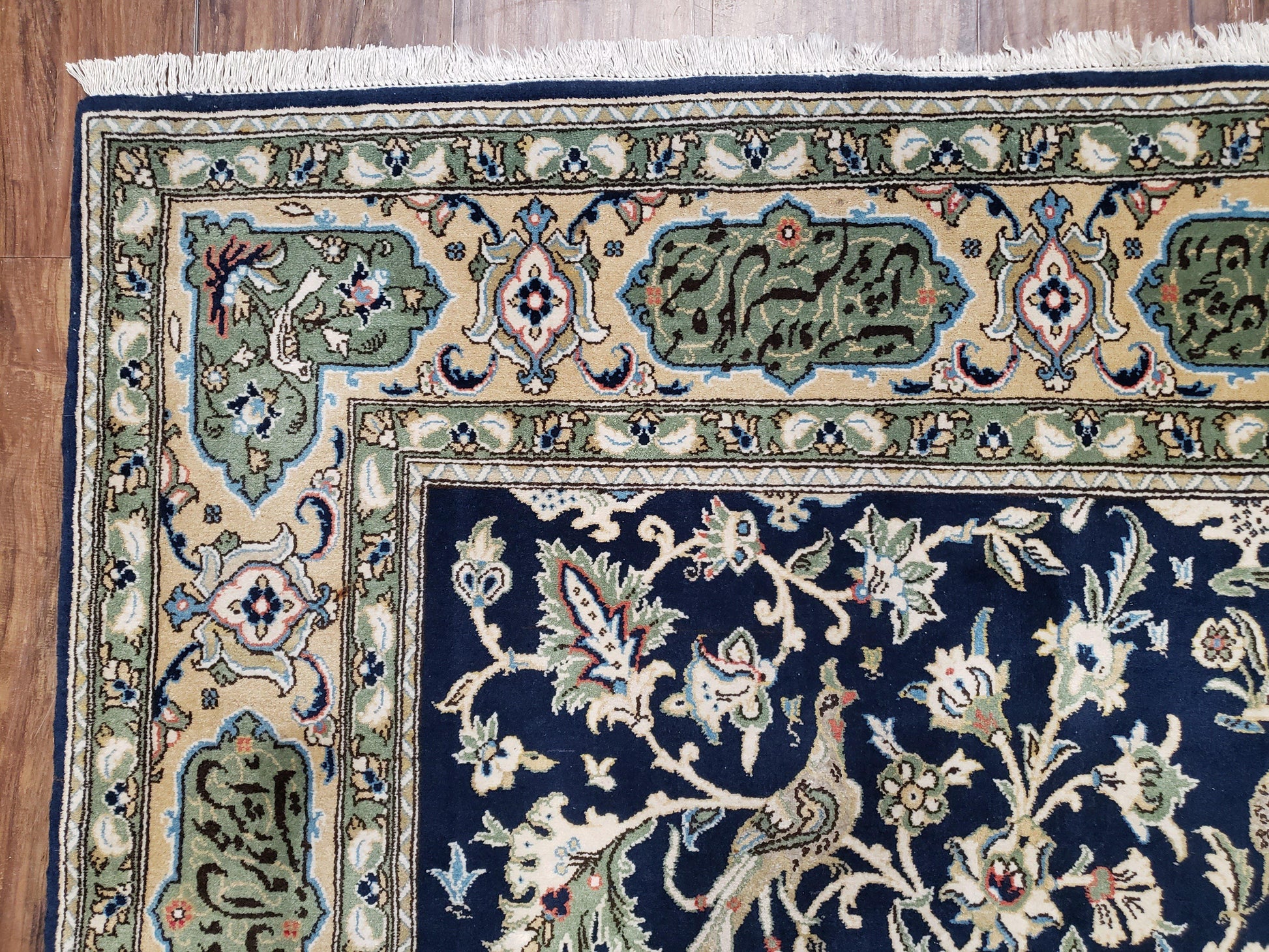 Semi Antique Persian Qum Tree of Life Rug, Hand-Knotted, Wool, Midnight Blue and Tan, Animal Pictorials, Written Poem in Borders, 4' 8" x 7' 8" - Nuvé