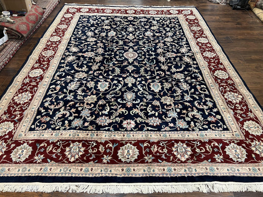 Indo Perisan Rug 9x12, Floral Allover, Midnight Blue and Dark Red Room Sized Carpet 9 x 12 ft, Hand Knotted Wool Vintage Indian Oriental Rug - Nuvé