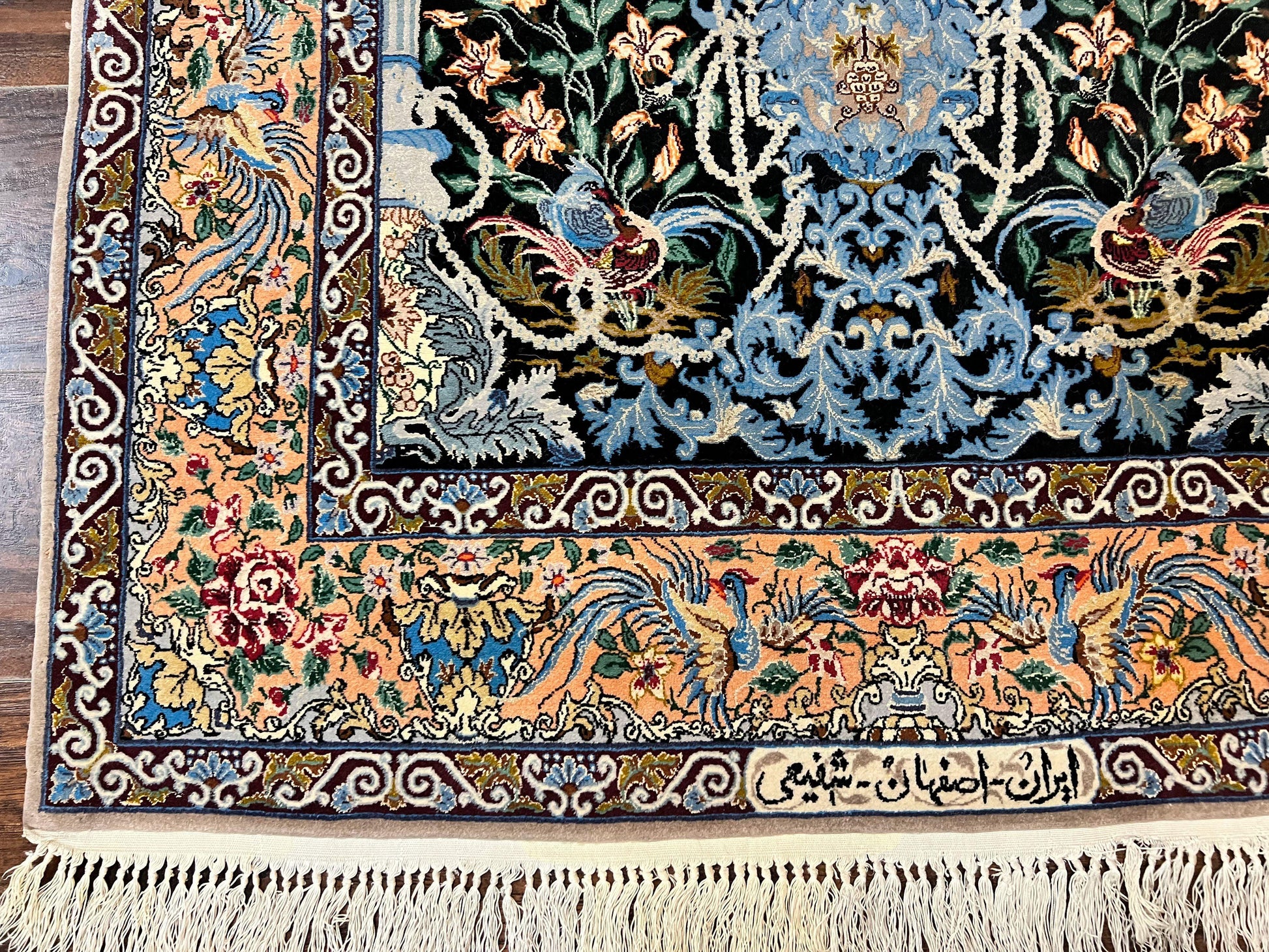 Wonderful Persian Isfahan Rug 3.7 x 5, Kork Wool on Silk Foundation, Very Fine 460 KPSI, Tree of Life Persian Vase Design Animal Pictorials Peacocks - Nuvé