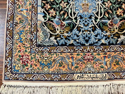Wonderful Persian Isfahan Rug 3.7 x 5, Kork Wool on Silk Foundation, Very Fine 460 KPSI, Tree of Life Persian Vase Design Animal Pictorials Peacocks - Nuvé