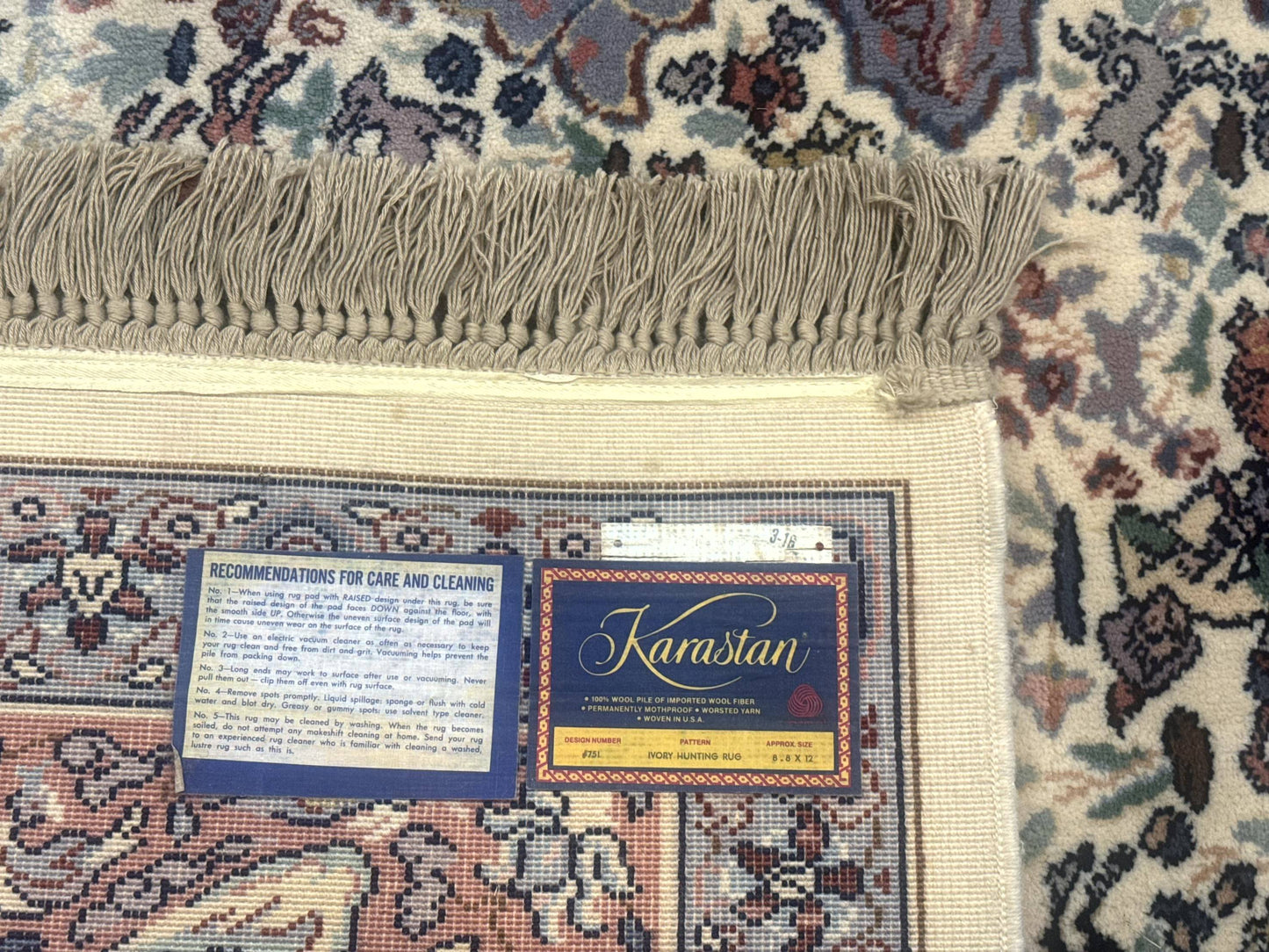 8.8 x 12 Karastan Ivory Hunting Rug #751, Vintage Wool Discontinued Original 700 Series, Rare - Nuvé