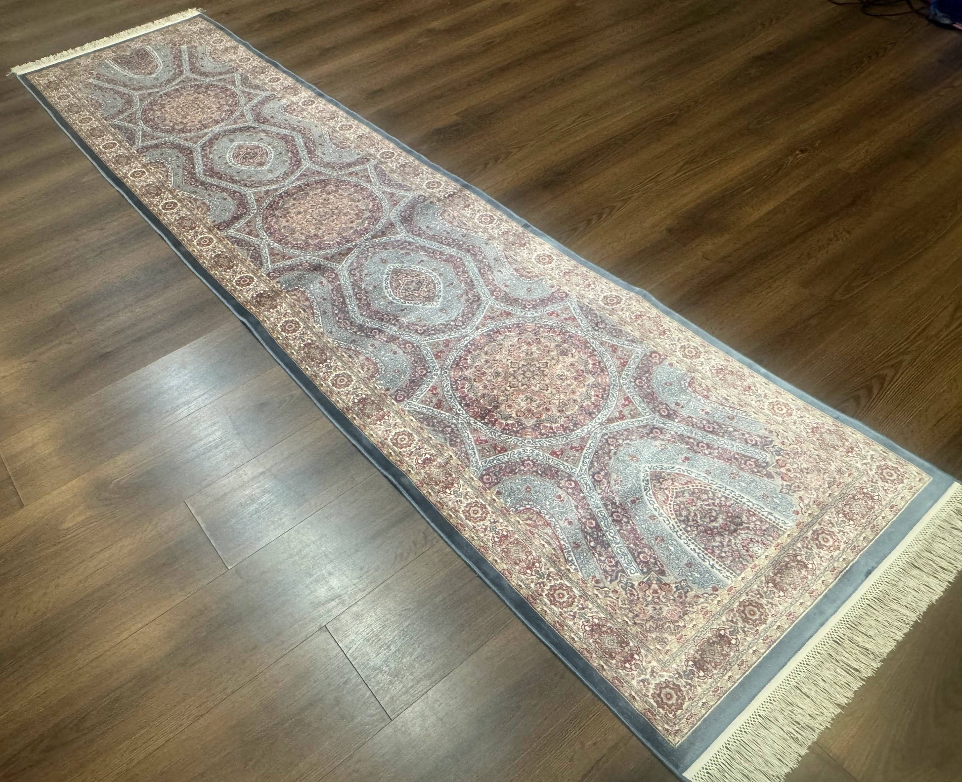 Turkish Silk Runner Rug 2.6 x 10, Light Blue Carpet, Bamboo Silk, New - Nuvé