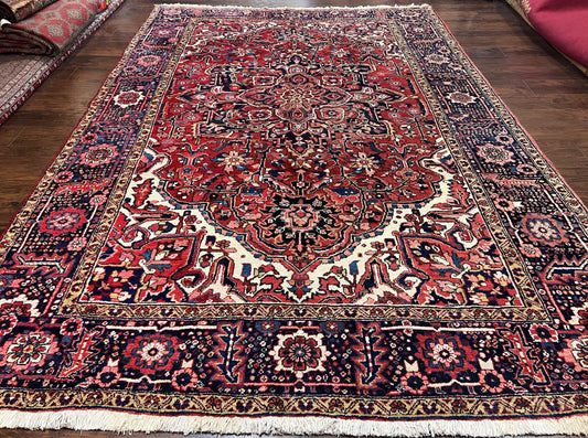 Persian Heriz Rug 8x12, Vintage Geometric Medallion Carpet, Semi Antique Wool Handmade Room Sized Oriental Rug 8 x 12, Red Dark Blue Ivory - Nuvé