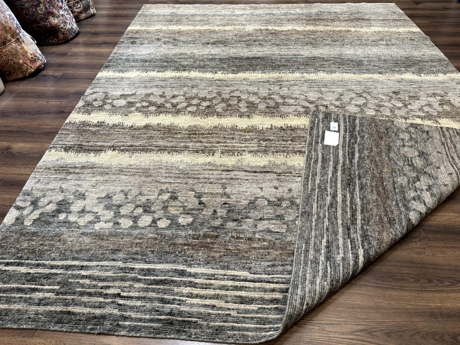 Modern Tibetan Wool Rug 8x10, Abstract, Contemporary, Handmade, Gray, Stripes - Nuvé