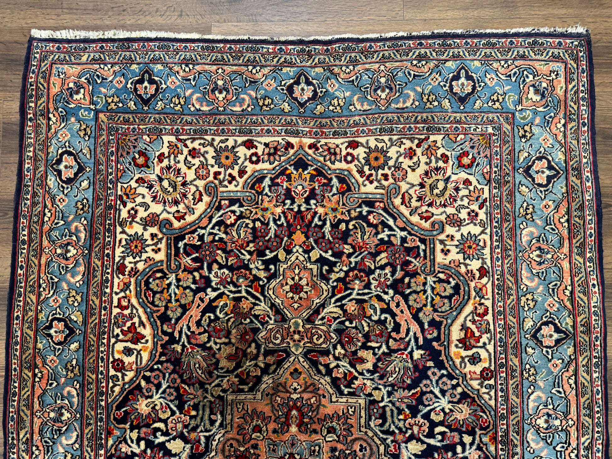 Persian Qum Rug 5x7 in Navy Light Blue and Ivory, Wool wilh Silk Highlights, 225 KPSI - Nuvé