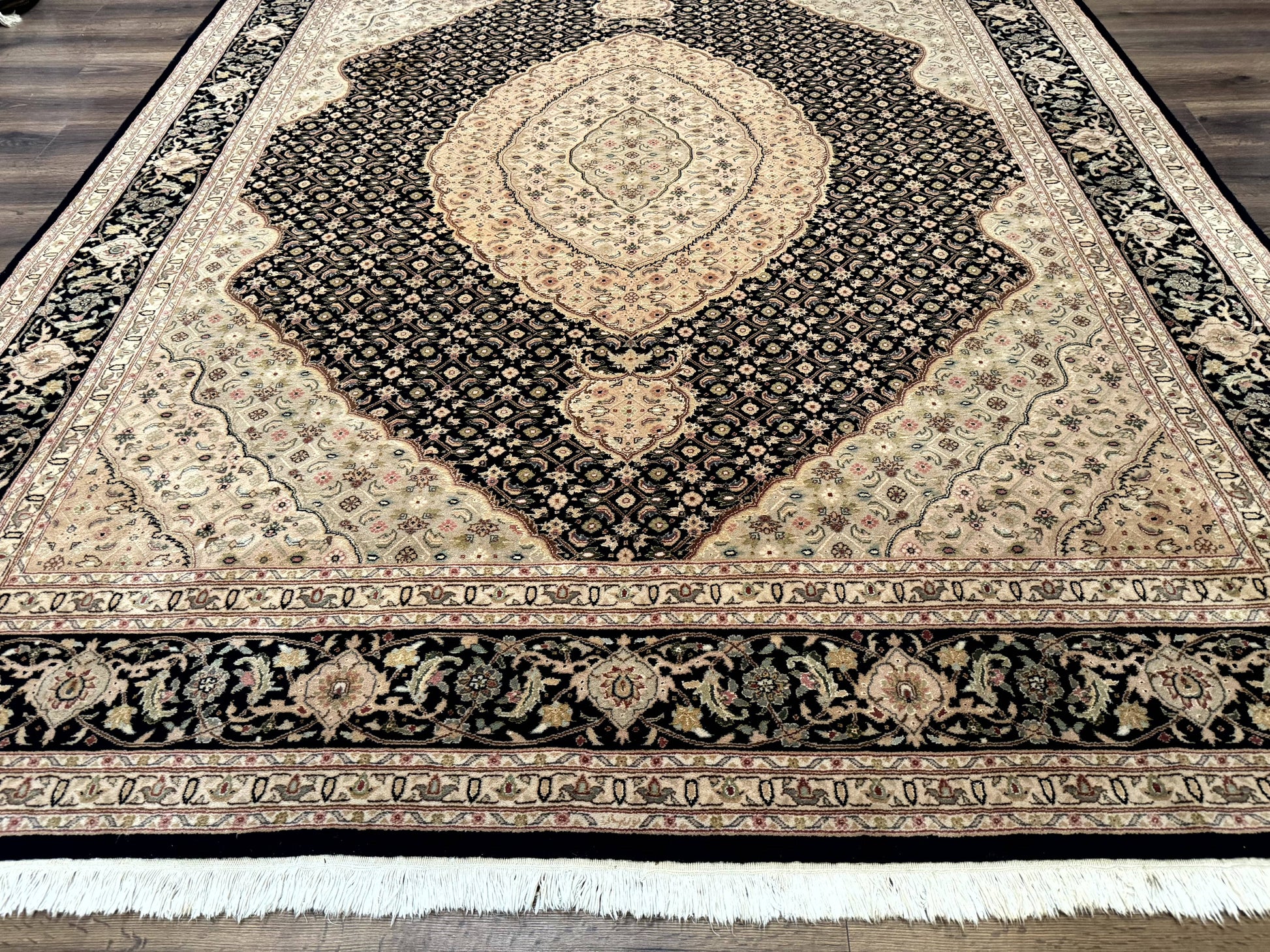 Sino Persian Rug 8x10, Herati Mahi Pattern, Fine 170 KPSI, Black, Wool and Silk Highlights - Nuvé