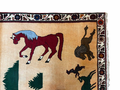 4x6 Rug Handmade Zagros Quality Wool Horses Tribal Hand-Knotted Rug Veggie Dye - Nuvé