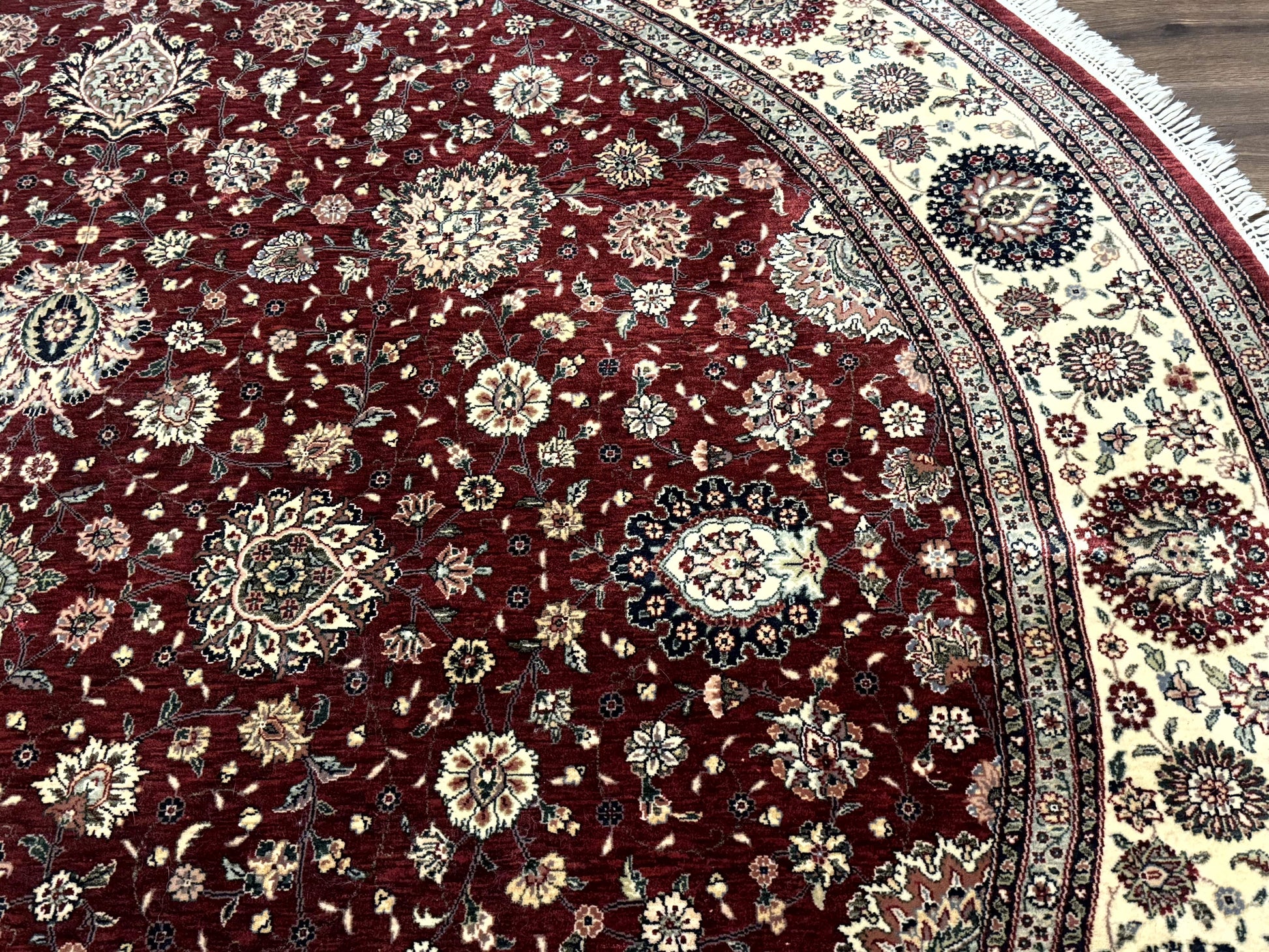 Round Sino Persian Rug 9x9, Burgundy and Cream, Floral, Wool and Silk, 9ft Round Carpet - Nuvé