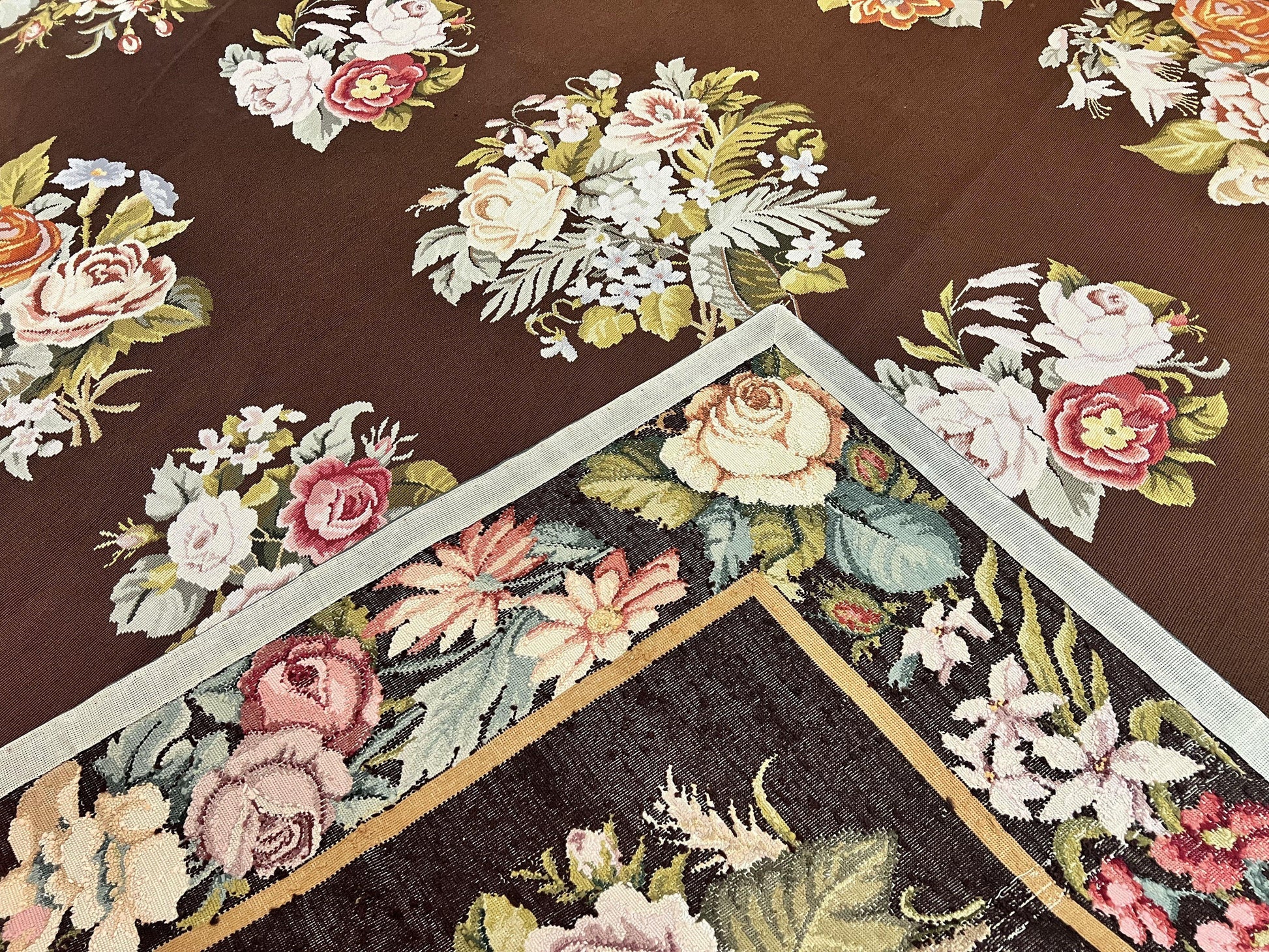 Vintage Needlepoint Rug 9x12, Large Handmade Hand-woven Needlepoint Carpet, Brown Area Rug, Floral Bouquets, Wool Rug, European Design - Nuvé