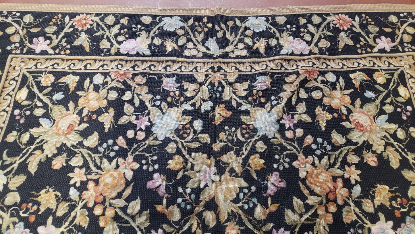 6x9 Vintage Needlepoint Rug Petitepoint Carpet Butterflies Floral Design Dark Brown & Tan 6 x 9 Handmade Flatweave Area Rug - Nuvé