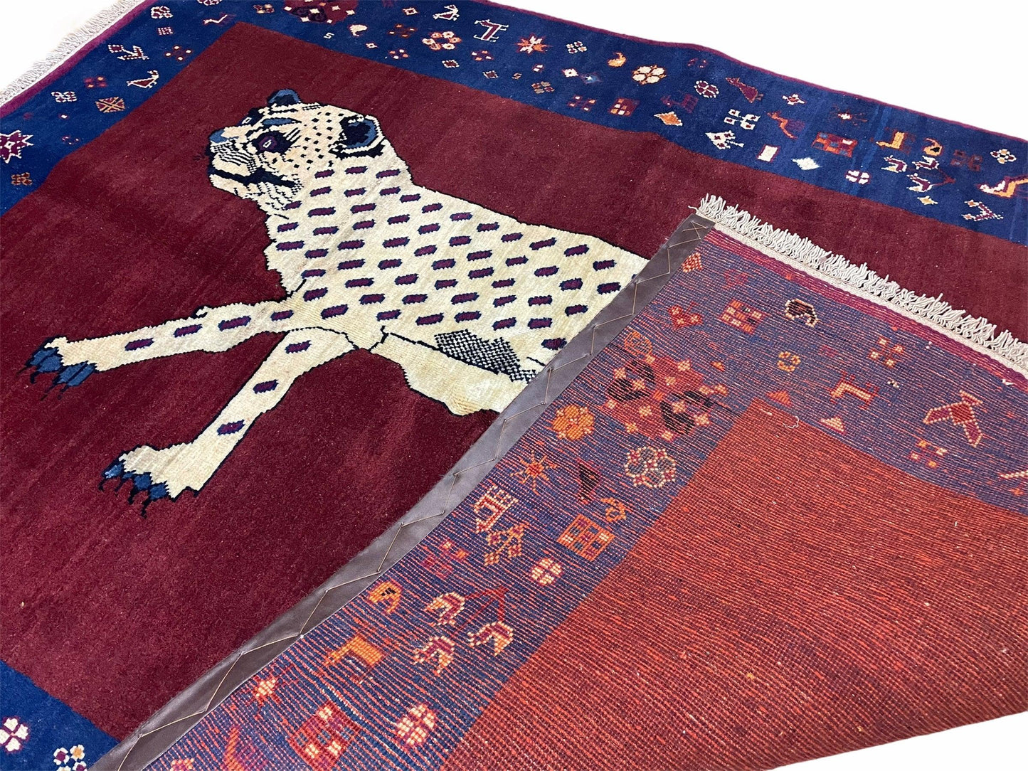 5 X 7 Handmade Zagros Wool Rug Snow White Panther Maroon Blue Organic Dyes - Nuvé