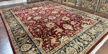 Indo Persian Rug 10x14, Indian Agra Carpet, Vintage Handmade Wool Large Traditional Rug, Dark Red Navy Blue Beige - Nuvé