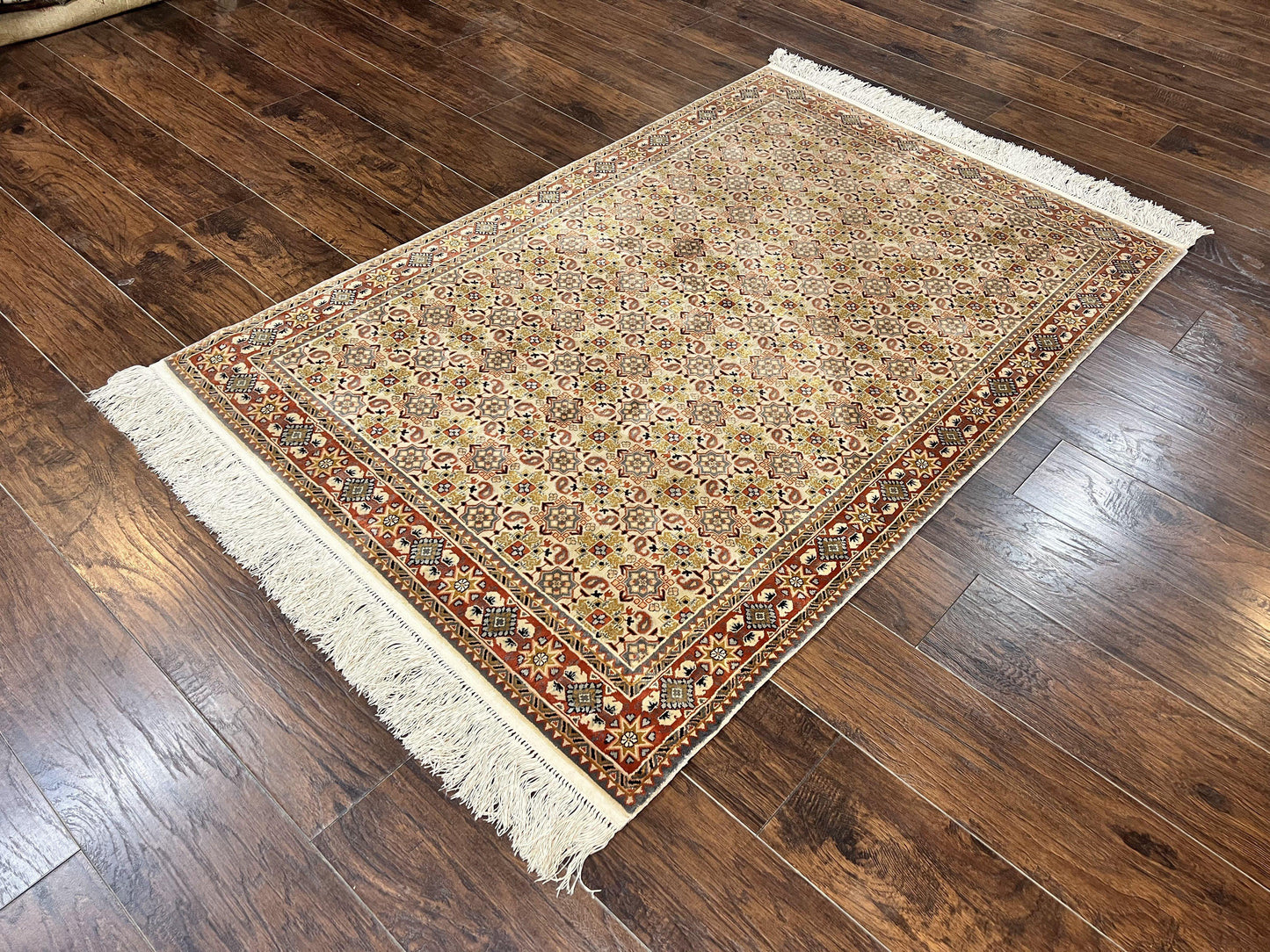 Turkish Kayseri Silk Rug 4x6, Hand Knotted Handmade Vintage Allover Pattern, Fine Silk Oriental Carpet 4 x 6 ft, Traditional Rug, Cream - Nuvé