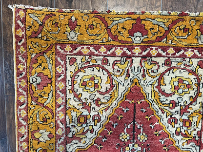 Antique Turkish Prayer Rug 3x5, Hand Knotted Turkish Melas Oushak Wool Carpet, Mehrab Rug, Orange & Red Vintage Rug 3 x 5 Collectible - Nuvé