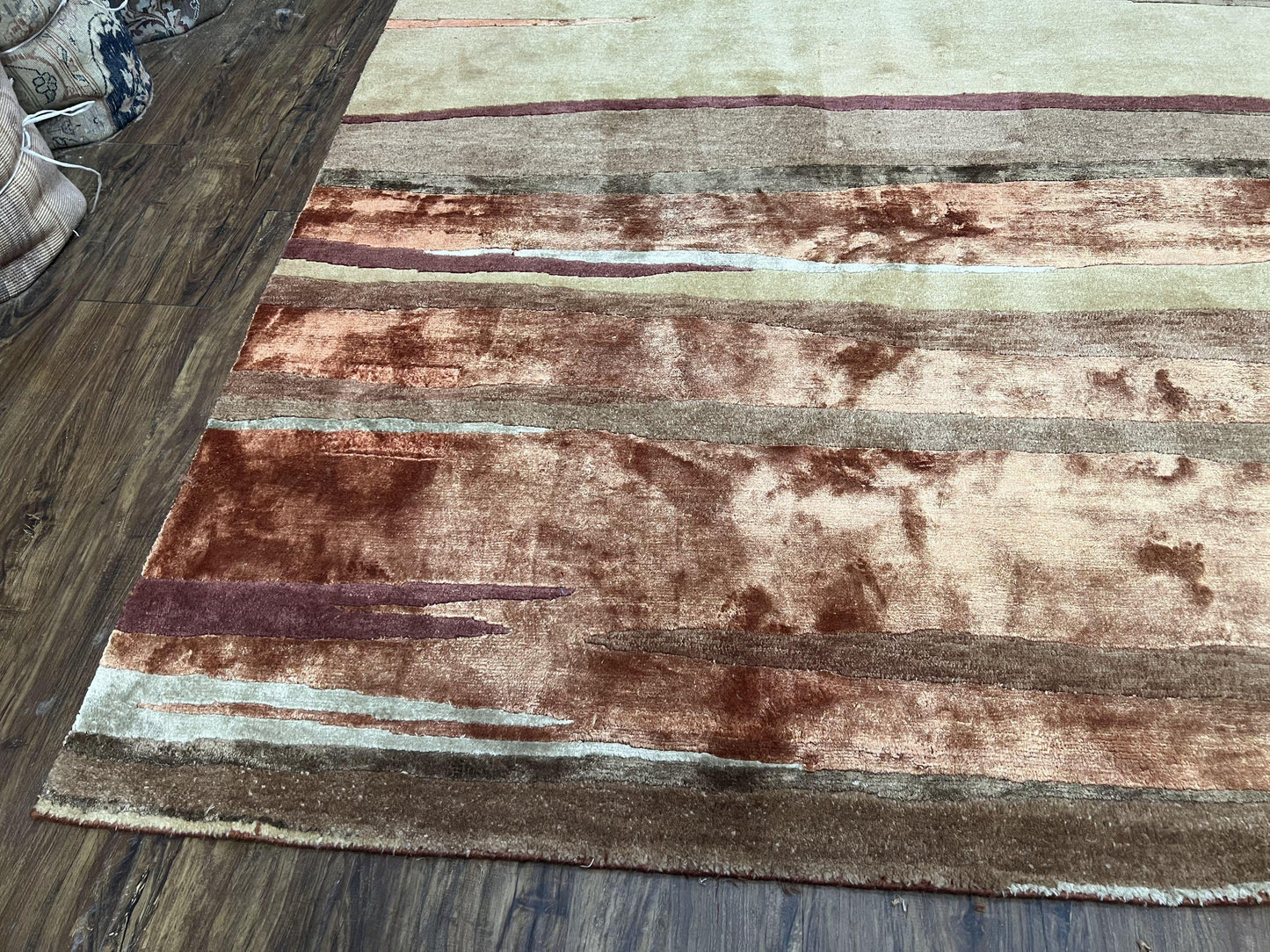 Modern Tibetan Rug 8x11 Nepali Carpet, Shiny Velvely Soft Wool and Silk, Contemporary Hand Knotted Rug, Striped Design, Wool Area Rug 8 x 11 - Nuvé