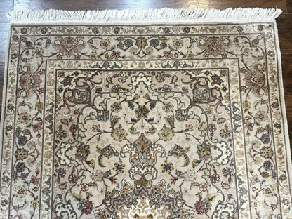 Pak Persian Rug 4x6, Floral Medallion, Beige, Wool and Silk Highlights, Vintage Handmade Rug - Nuvé