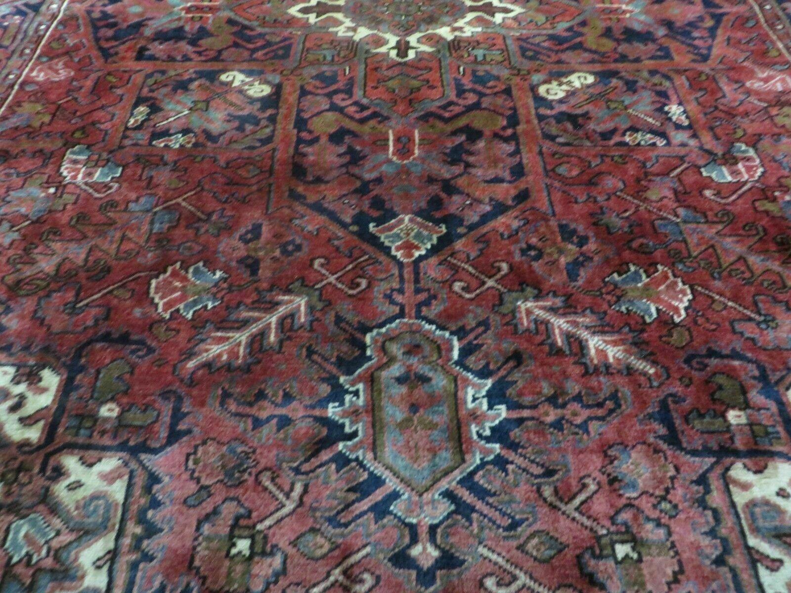 Persian Rug 8x11 Room Sized Heriz Carpet, Hand Knotted Wool Rug, Vintage Semi Antique, Geometric Medallion, Wine Red Cream Dark Blue, Wow - Nuvé