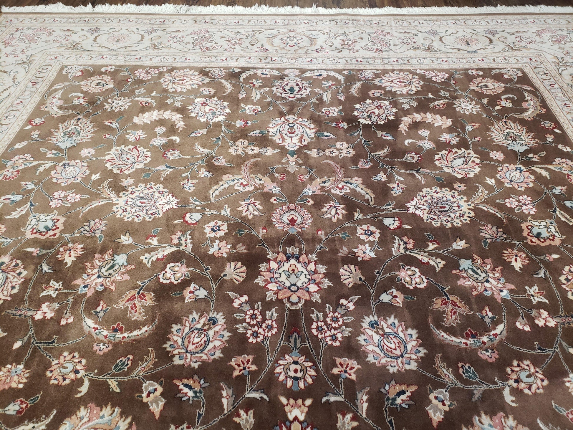 Vintage Pak-Persian Area Rug 9x12, Wool Hand-Knotted Spice Brown & Ivory Traditional Fine Oriental Carpet, Pakistani Carpet, 9 x 12 Fine Rug - Nuvé
