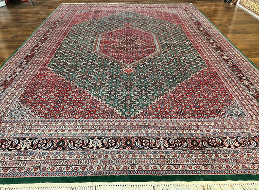 Indo Persian Rug 10x14, Bidjar Rug 10 x 14, Wool Hand Knotted Vintage Carpet, Red & Green Herati Pattern, Large Room Sized Oriental Rug - Nuvé